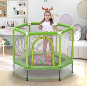 55'' Toddlers Trampoline With Safety Enclosure Net And Balls, Indoor Outdoor Mini Trampoline For Kids (Color: Green)